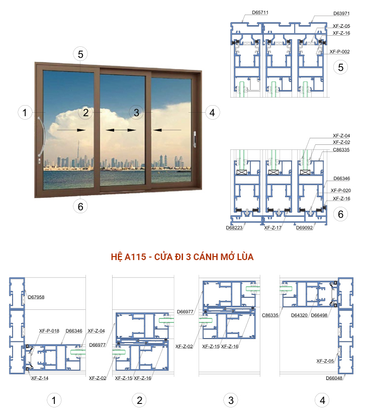 Nhôm Xingfa hệ Class A hệ A115 dùng cho cửa đi 3 cánh mở lùa