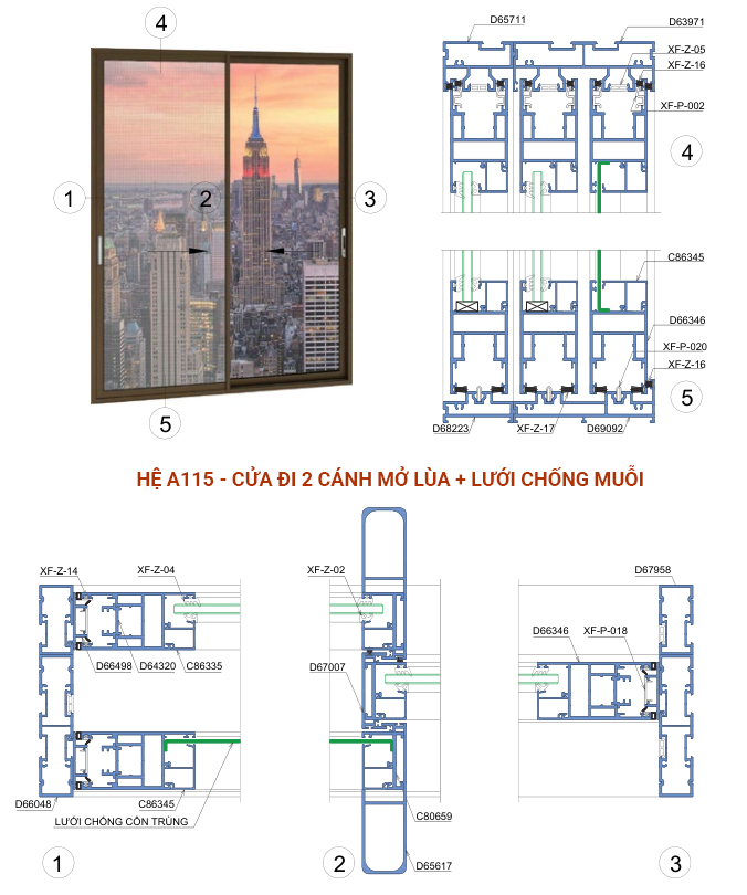 Nhôm Xingfa Class A hệ A115 - Cửa đi 2 cánh mở lùa + Lưới chống muỗi