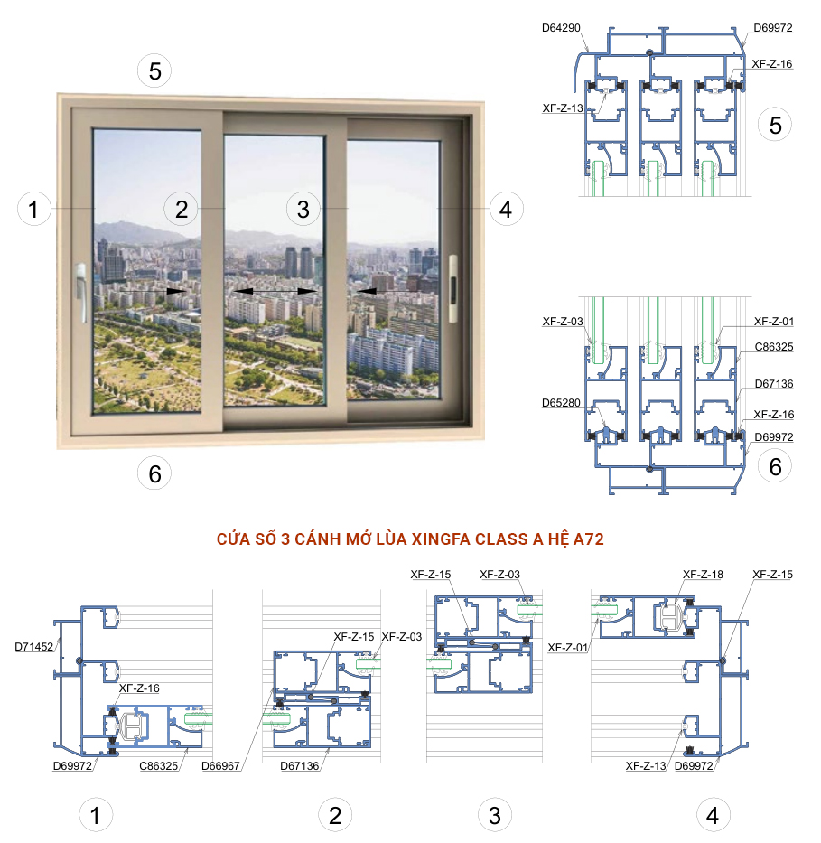 Cửa sổ 3 cánh mở lùa Xingfa Class A hệ A72