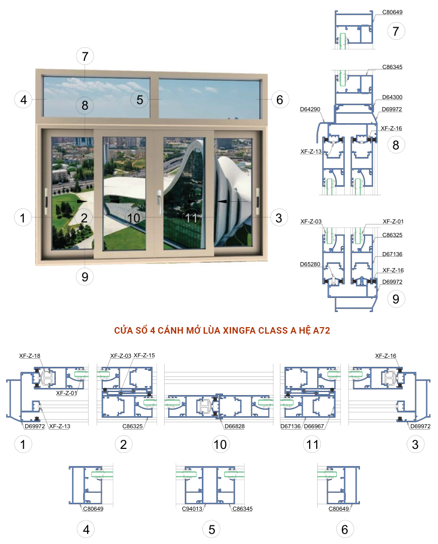 Cửa sổ 4 cánh mở lùa Xingfa Class A hệ A72